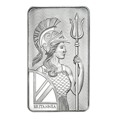 A picture of a 10 oz Britannia Silver Bar